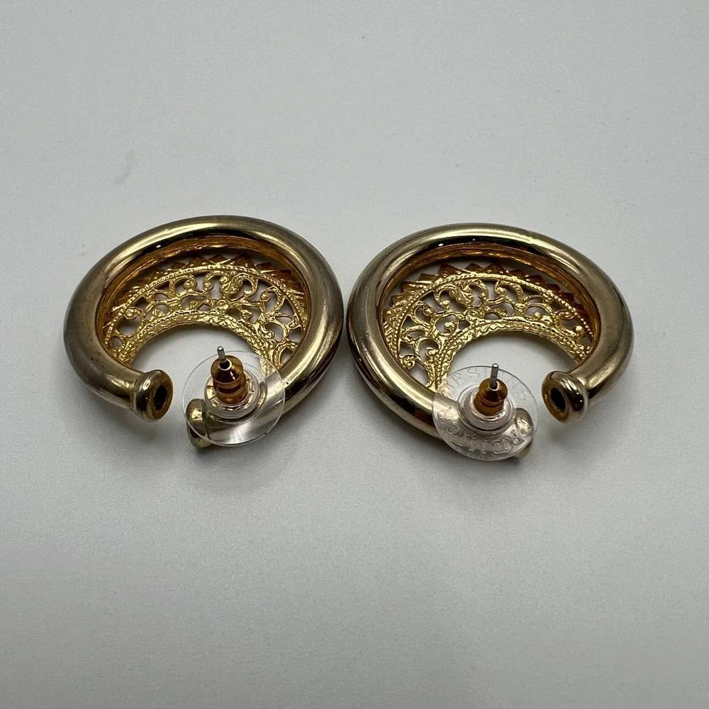 Vintage Pierced‎ Earrings Gold Tone Filigree Open Metalwork Large Statement